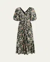 Cinq À Sept Brenton Puff-sleeve Cosmo-flower Midi Dress In Black/london Fo