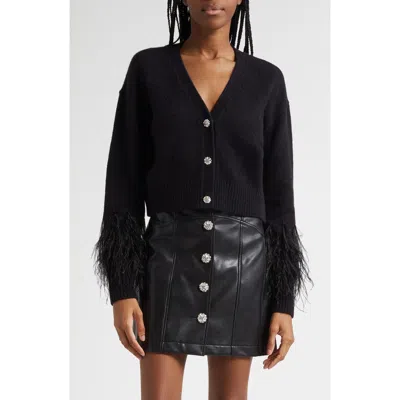 Cinq À Sept Briana Feather Trim Cardigan In Black