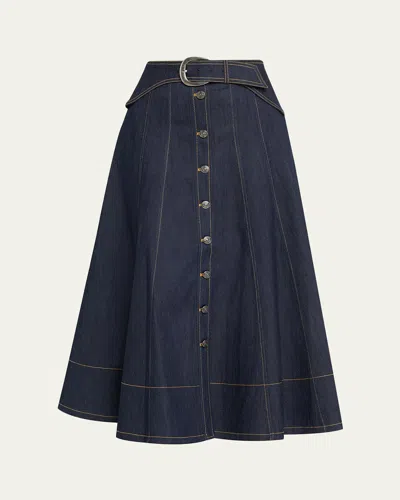 Cinq À Sept Briony Belted Denim Midi Skirt In Blue