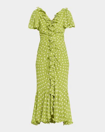 Cinq À Sept Camille Polka Dot Ruffled Midi Dress In Green