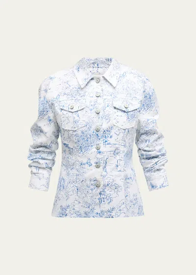 Cinq À Sept Canyon Garden Toile Scrunched-sleeve Cotton Jacket In Whiteblue
