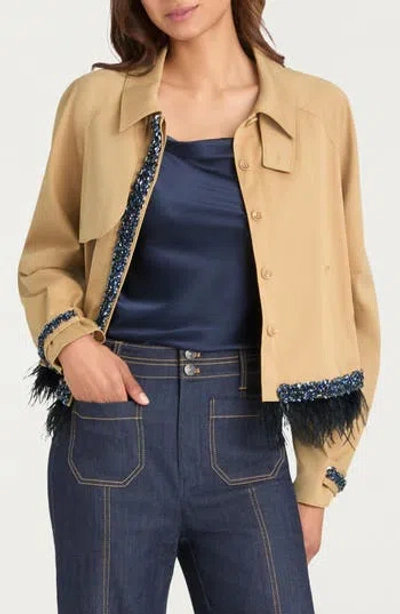 Cinq À Sept Carmila Sequin & Feather Detail Crop Trench Coat In Khaki/ Navy