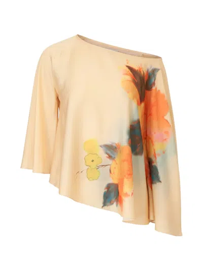 Cinq À Sept Carole Watercolor Floral-print Asymmetric-hem Top In Orange