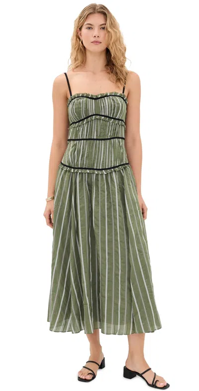 Cinq À Sept Celia Striped-pattern Ruffled Midi Dress In Green
