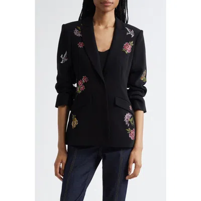 Cinq À Sept Cheyenne Crystal Flower Embellished Scrunched Blazer In Black