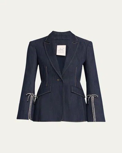 CINQ À SEPT CHEYENNE DENIM CRYSTAL BOW BLAZER