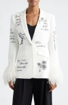 Shop Cinq À Sept Cheyenne Love Letter Embroidered Feather Cuff Blazer In Ivory/black