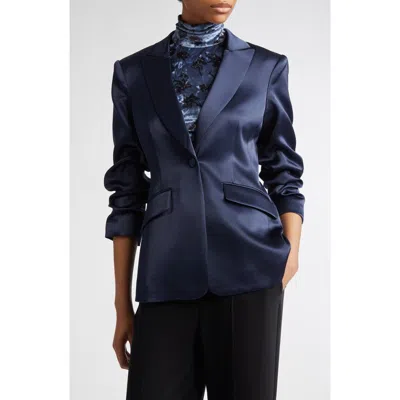 Cinq À Sept Cheyenne Smooth Satin Scrunched-sleeve Blazer In Navy