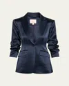 Cinq À Sept Cheyenne Smooth Satin Scrunched-sleeve Blazer In Navy