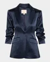 Cinq À Sept Cheyenne Smooth Satin Scrunched-sleeve Blazer In Navy