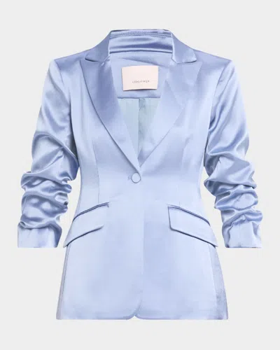 Cinq À Sept Cheyenne Smooth Satin Scrunched-sleeve Blazer In Rustic Blue