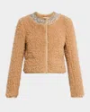 Cinq À Sept Christie Embellished Faux Shearling Jacket In Camel
