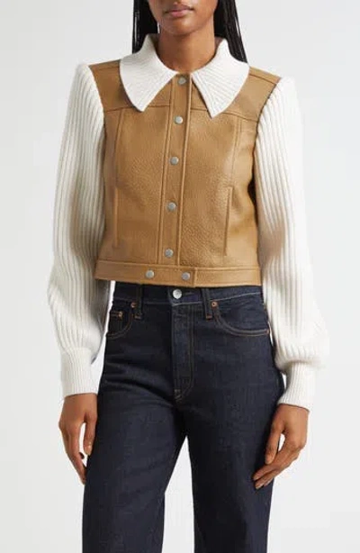 Cinq À Sept Ciara Knit Contrast Faux Leather Jacket In Brown