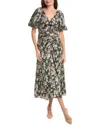 Cinq À Sept Brenton Cosmo Flower Puff Sleeve Ruched Midi Dress In Black