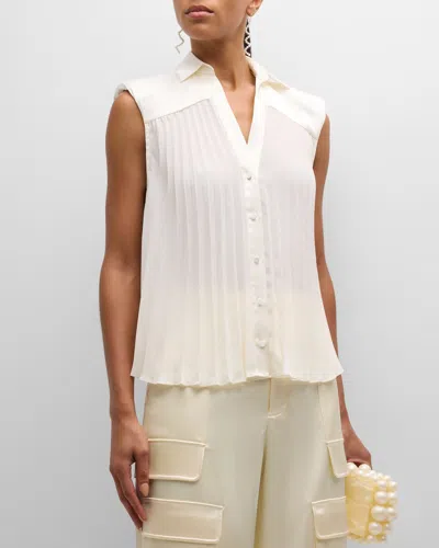 Cinq À Sept Claire Sleeveless Pleated Button-front Top In Ivory
