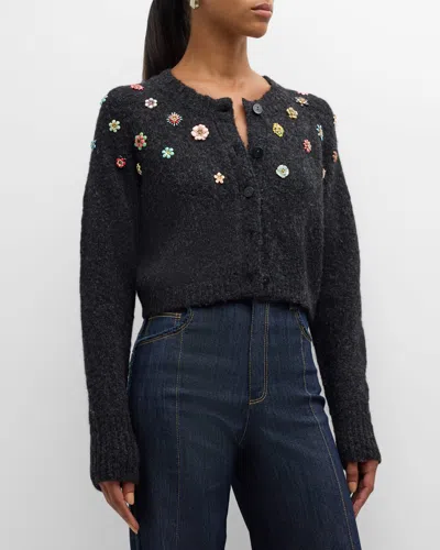 Cinq À Sept Clustered Enamel Flower Millie Cropped Cardigan In Charcoal