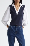 Cinq À Sept Colleen Mixed Media Collar Top In Blue