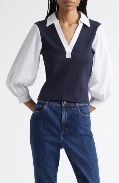Cinq À Sept Colleen Mixed Media Collar Top In Blue