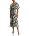 Cinq À Sept Brenton Puff-sleeve Cosmo-flower Midi Dress In Black/london Fog