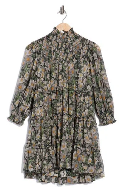 Cinq À Sept Cosmo Flowers Long Sleeve Babydoll Dress In Green