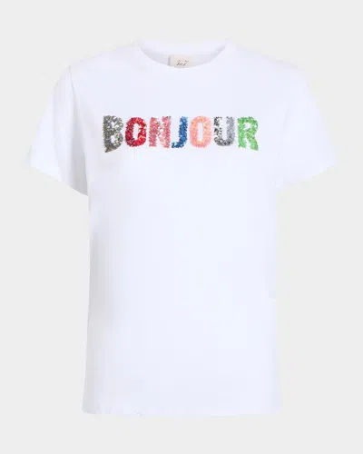 Cinq À Sept Crewneck Sequined Bonjour Tee In White/multi