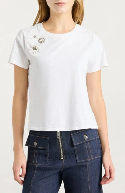 Cinq À Sept Crunchy Flower Appliqué Shrunken Cotton T-shirt In White