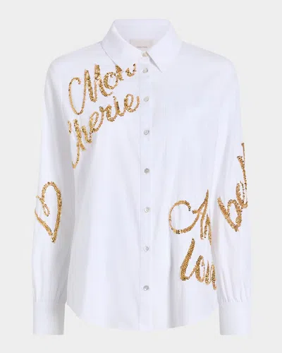 CINQ À SEPT CRUSHED SEQUIN LOVELETTER BLANCHE BUTTON-FRONT SHIRT