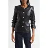 Cinq À Sept Crystal Button Scrunched Sleeve Faux Leather Jacket In Black