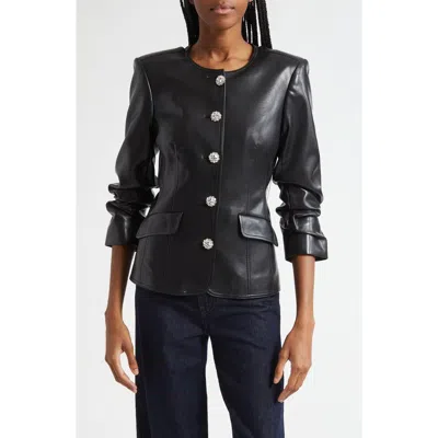 CINQ À SEPT CINQ À SEPT CRYSTAL BUTTON SCRUNCHED SLEEVE FAUX LEATHER JACKET