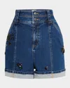 Cinq À Sept Crystal Double-waistband Denim Shorts In Oceane