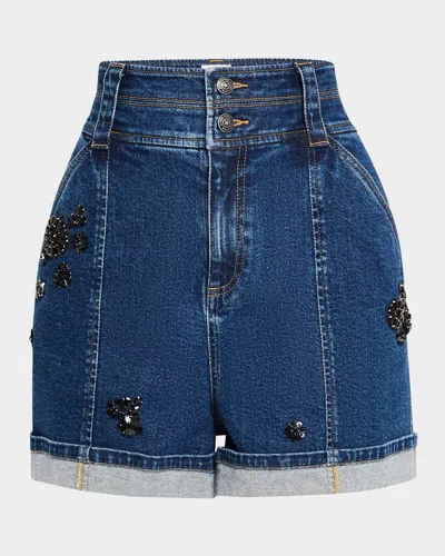 Cinq À Sept Crystal Double-waistband Denim Shorts In Oceane