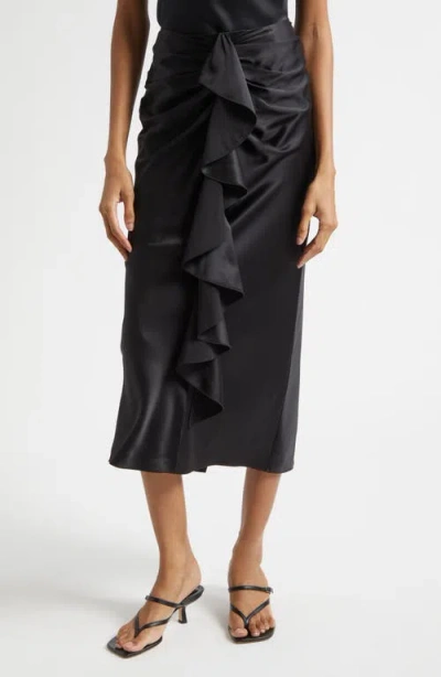 Cinq À Sept Cynthia Ruffle Ruched Silk Midi Skirt In Black