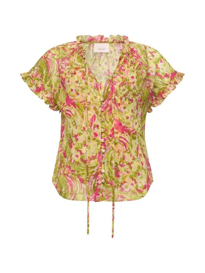 Cinq À Sept Daisy Swirl Jenise Ruffled Top In Green