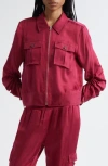 Cinq À Sept Dale Ruched Sleeve Cupro Satin Jacket In Burgundy