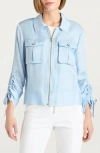 Cinq À Sept Dale Ruched Sleeve Cupro Satin Jacket In Whispering Sky Multi