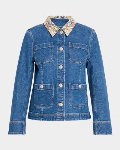 Cinq À Sept Dalton Floral-collar Denim Jacket In Blue