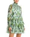 Cinq À Sept Rika Long-sleeve Damask Mini Dress In Light Cyan