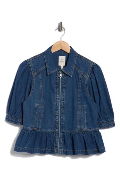 Cinq À Sept Daphne Puff Sleeve Peplum Denim Jacket In Blue