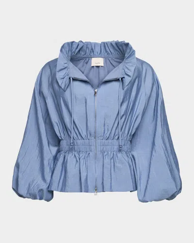 Cinq À Sept Deana Ruffled-collar Nylon Peplum Jacket In Blue
