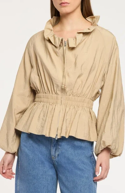 Cinq À Sept Deana Ruffled-collar Nylon Peplum Jacket In Brown
