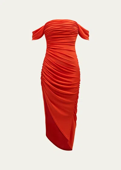 Cinq À Sept Delaney Off-shoulder Ruched Midi Dress In Deep Tangelo