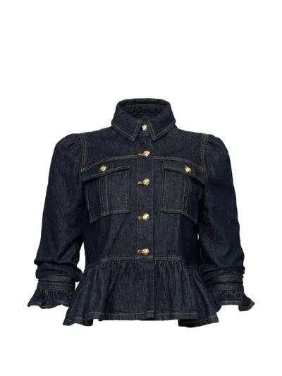 Cinq À Sept Delanie Button-up Ruffled-sleeve Denim Jacket In Blue