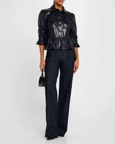 Cinq À Sept Delanie Ruffled Vegan Leather Jacket In Navy