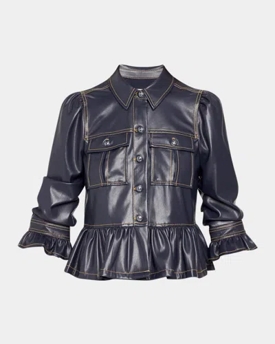 Cinq À Sept Delanie Ruffled Vegan Leather Jacket In Blue