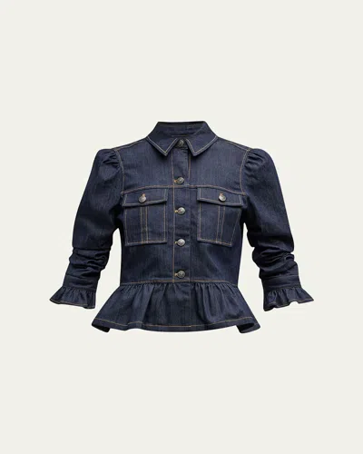 Cinq À Sept Delanie Scrunched-sleeve Peplum Denim Jacket In Blue