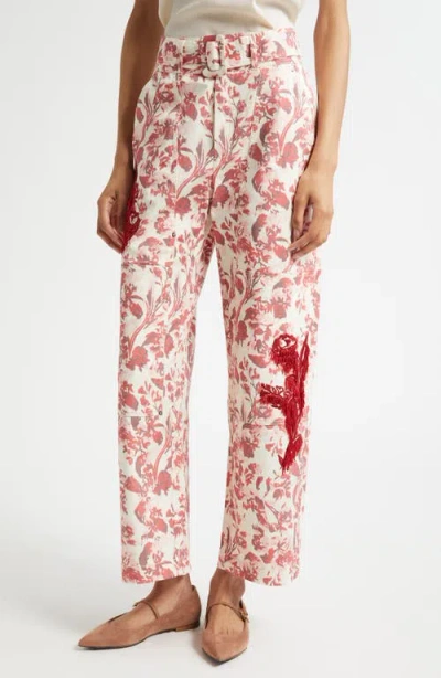 Cinq À Sept Deyo Floral Ribbons Bead Fringe Detail Stretch Cotton Pants In Multi