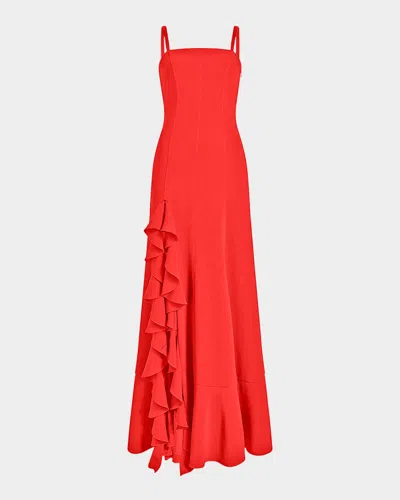 Cinq À Sept Dilan Cascading Ruffle Slit Gown In Ruby Red