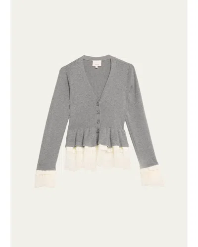 Cinq À Sept Dolly Ruffled Lace-trimmed Peplum Cardigan In Heather Gray