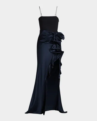 Cinq À Sept Drina Sleeveless Satin Wrap Gown In Navy