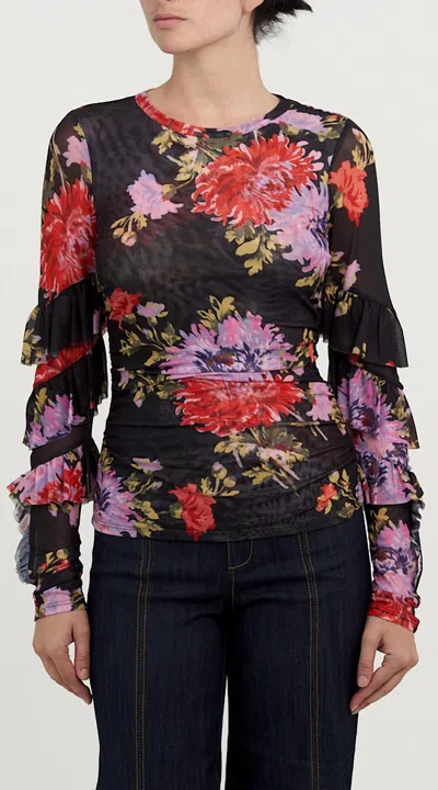 Cinq À Sept Elle Floral-print Ruffle-sleeve Shirred Top In Multi